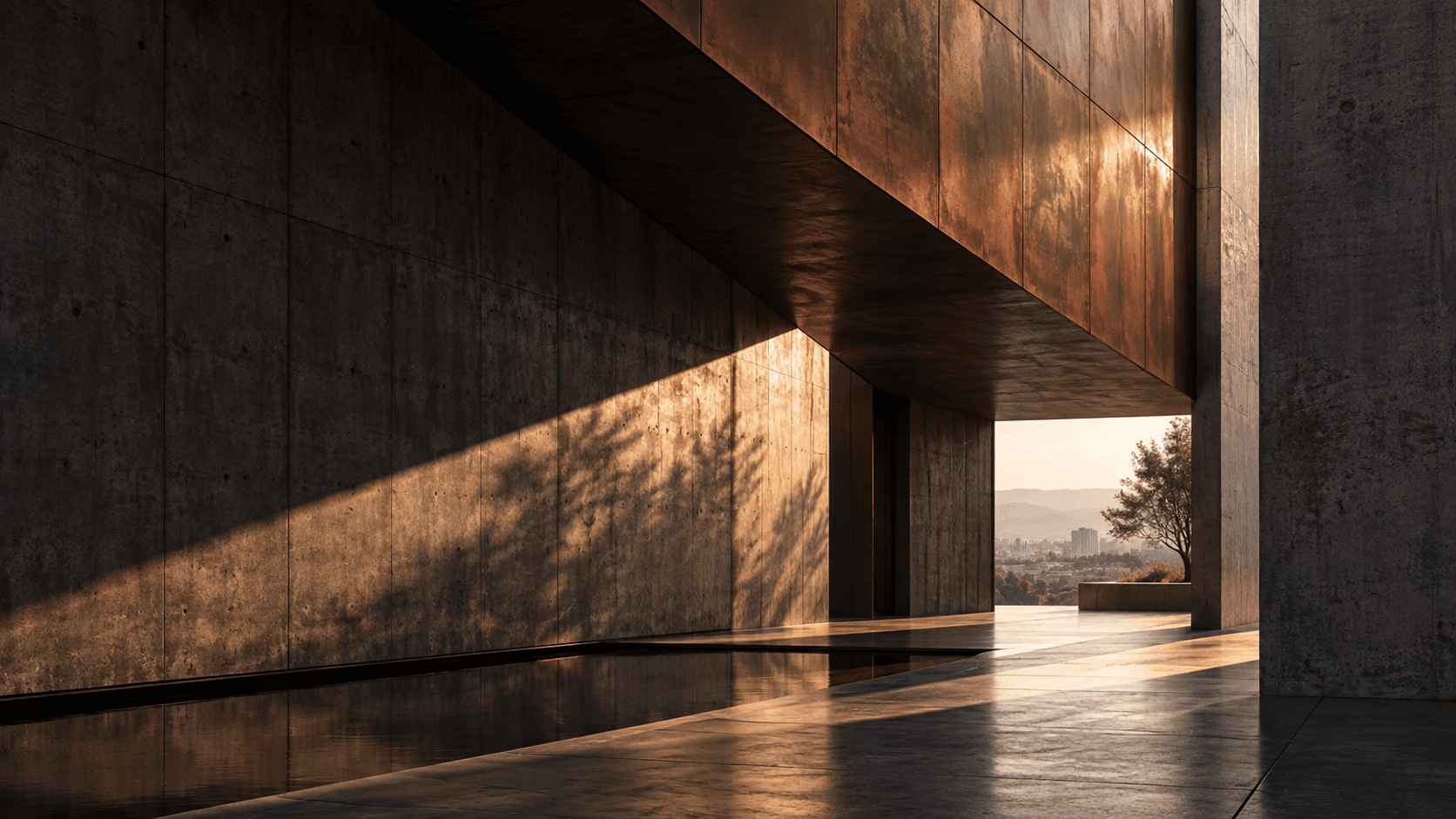 Arquitectura contemporánea de concreto y cobre con luz natural
