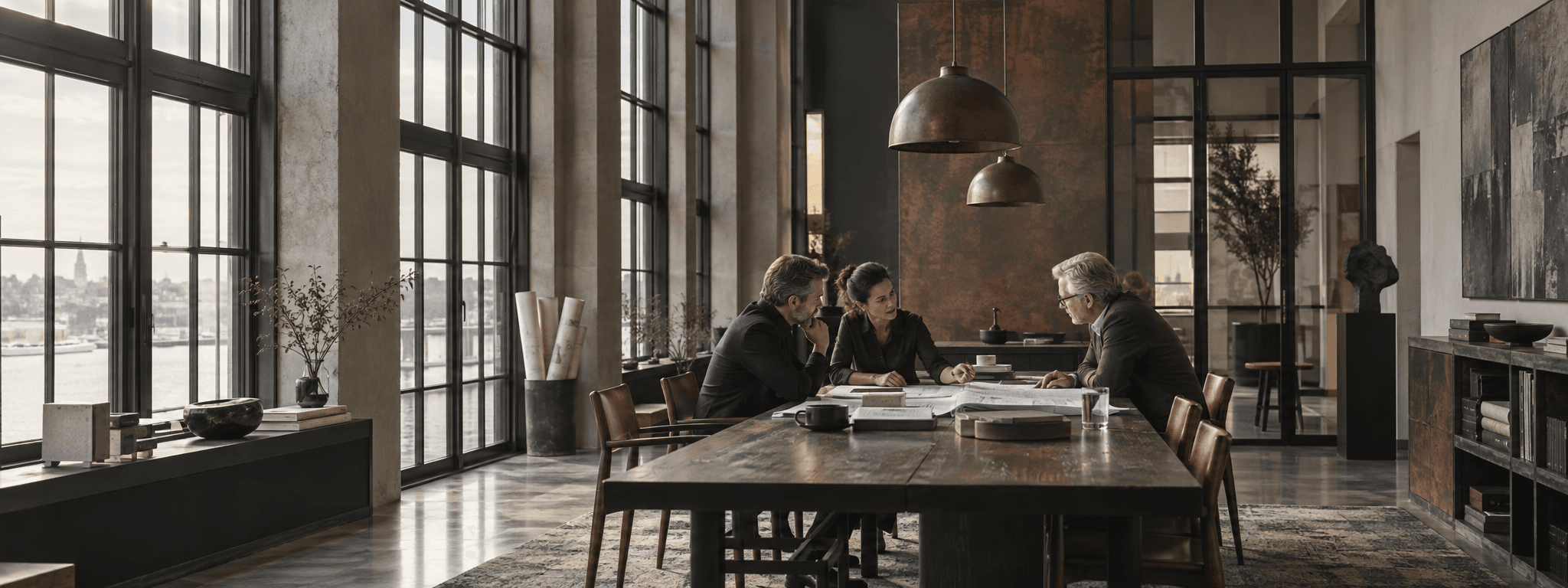 Sesión de trabajo de tres ejecutivos en un espacio arquitectónico