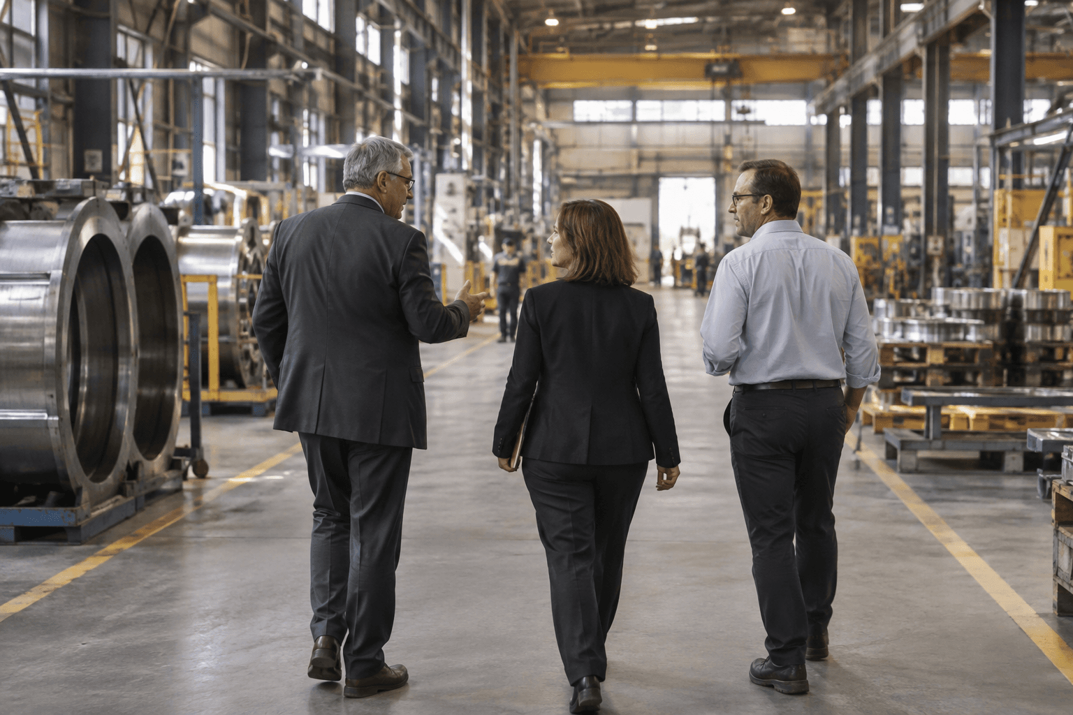 Tres líderes recorren una planta industrial mientras conversan